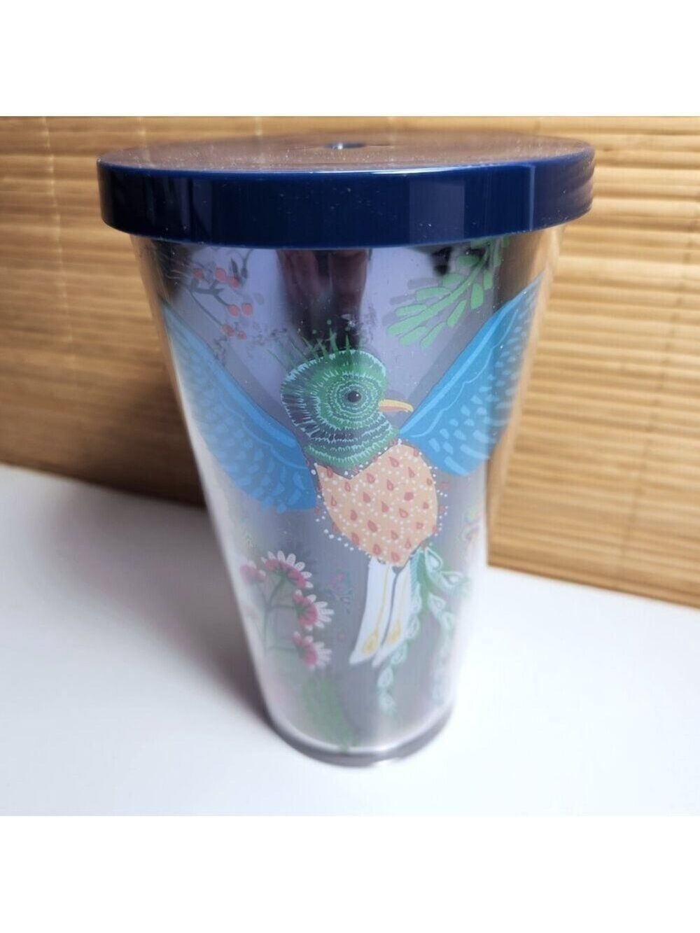 Starbucks 2017 Quetzal Bird Tumbler Acrylic Cold Cup 16 Oz Blue With Flowers